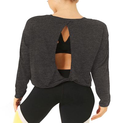 Bestisun Workout Tops Long Sleeve Yoga Shirts Open Back Running Exercise Clothes for Women Deep Heather Gray XL