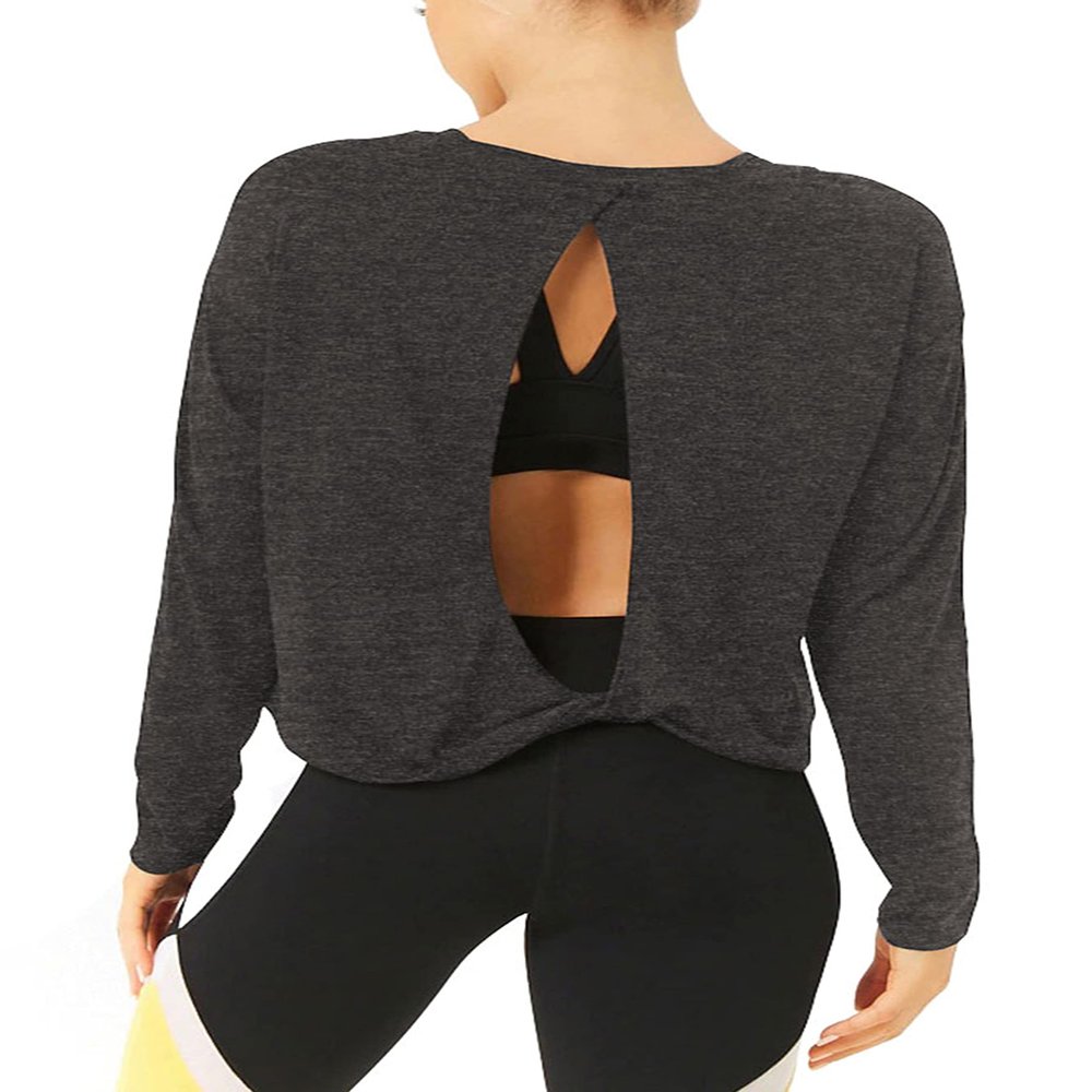 Bestisun Workout Tops Long Sleeve Yoga Shirts Open Back Running Exercise Clothes for Women Deep Heather Gray XL