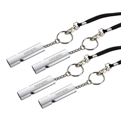 Noopel Emergency Whistles Lifeguard Safety Whistle with Lanyard and Keychain for Outdoor Camping Hiking Boating Hunting Fishing Kayak Kids Rescue Signaling Loud Survival Whistle (4 Pack Silver)