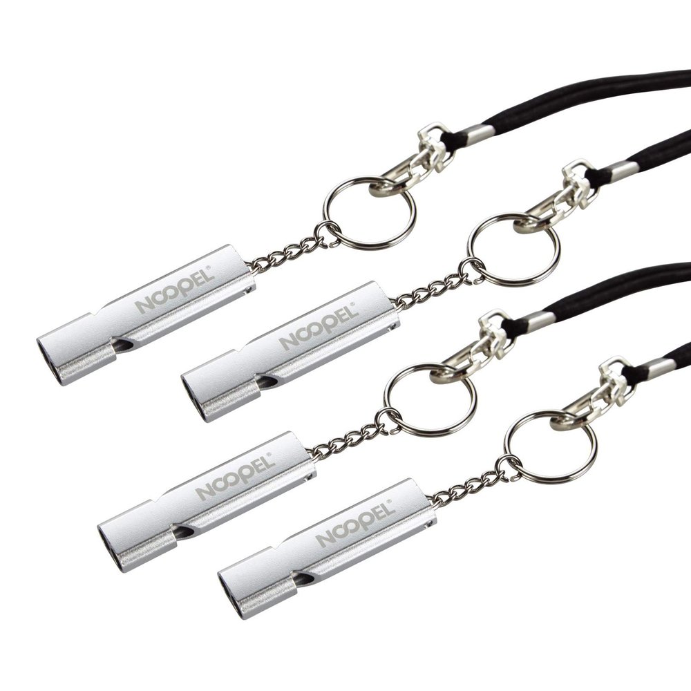 Noopel Emergency Whistles Lifeguard Safety Whistle with Lanyard and Keychain for Outdoor Camping Hiking Boating Hunting Fishing Kayak Kids Rescue Signaling Loud Survival Whistle (4 Pack Silver)