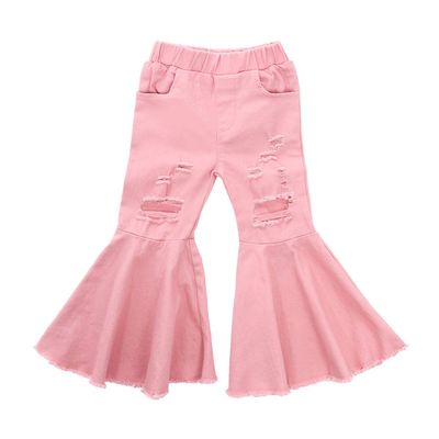FIOMVA Toddler Baby Girls Flare Pants Solid Denim Ripped Jeans Ruffle Wide Leg Legging Trousers High Waist Bell Bottoms (C-Ripped Pink,6-7 Years)