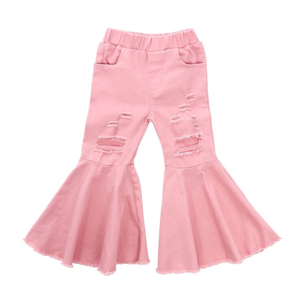 FIOMVA Toddler Baby Girls Flare Pants Solid Denim Ripped Jeans Ruffle Wide Leg Legging Trousers High Waist Bell Bottoms (C-Ripped Pink,6-7 Years)