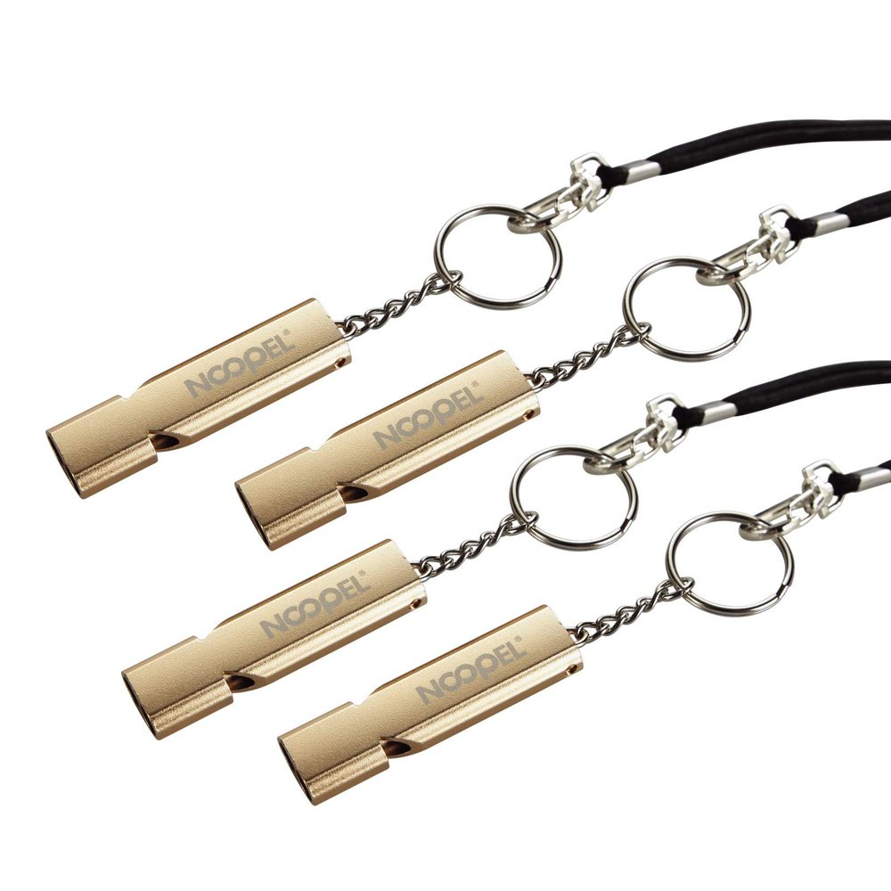 Noopel Emergency Whistles Lifeguard Safety Whistle with Lanyard and Keychain for Outdoor Camping Hiking Boating Hunting Fishing Kayak Kids Rescue Signaling Loud Survival Whistle (4 Pack Gold)