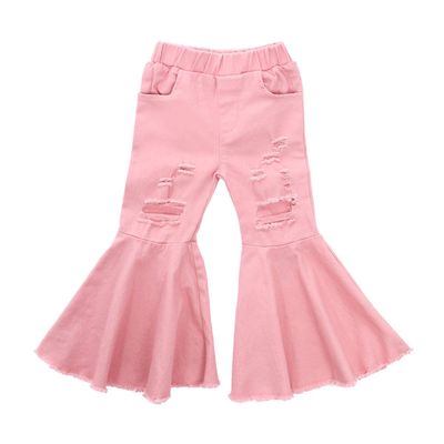 FIOMVA Toddler Baby Girls Flare Pants Solid Denim Ripped Jeans Ruffle Wide Leg Legging Trousers High Waist Bell Bottoms (C-Ripped Pink,3-4T)