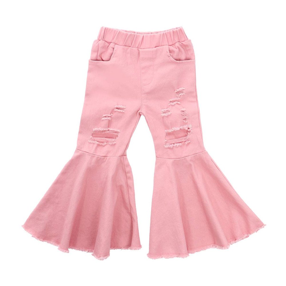 FIOMVA Toddler Baby Girls Flare Pants Solid Denim Ripped Jeans Ruffle Wide Leg Legging Trousers High Waist Bell Bottoms (C-Ripped Pink,3-4T)