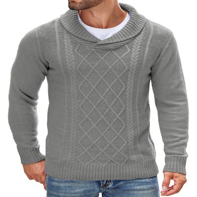 COOFANDY Men's Shawl Collar Sweaters V-Neck Cotton Relaxed Fit Cable Pullover (Light Grey, Medium)