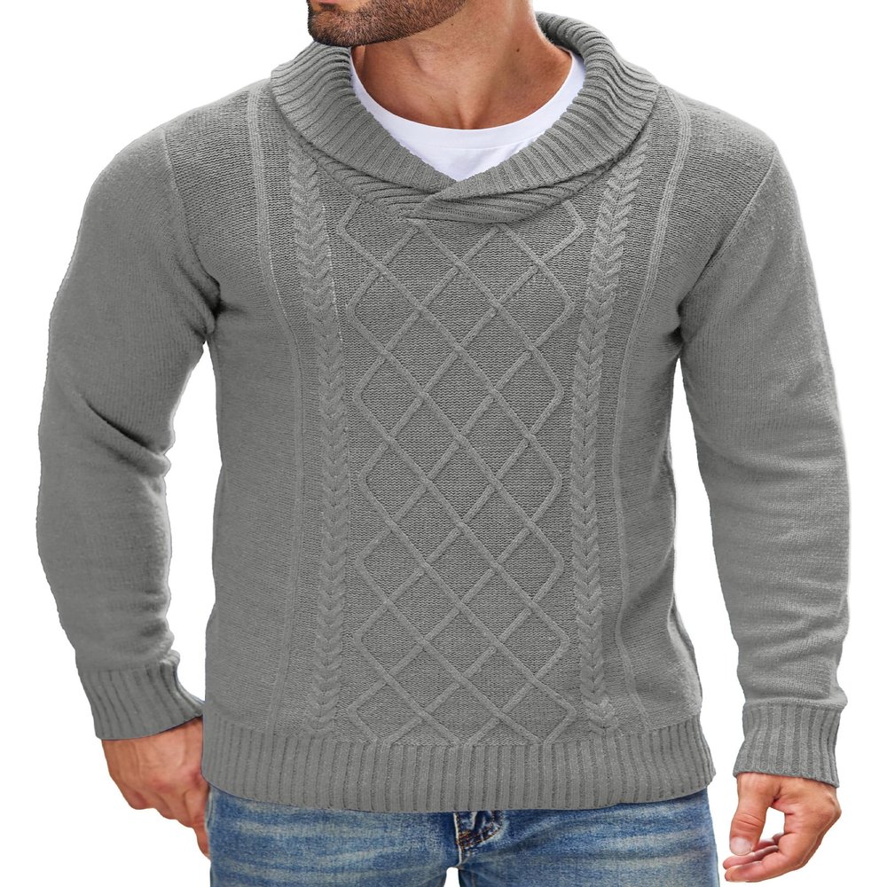 COOFANDY Men's Shawl Collar Sweaters V-Neck Cotton Relaxed Fit Cable Pullover (Light Grey, Medium)