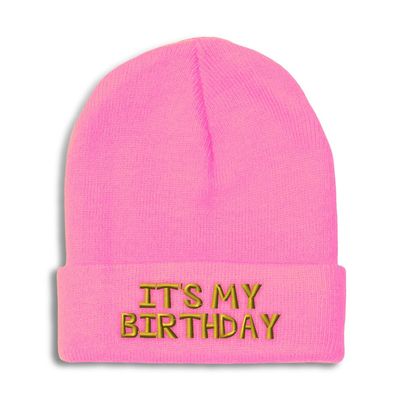 Beanies for Men It's My Birthday Gold Embroidery Skull Cap Winter Hats for Women Acrylic One Size Soft Pink Design Only
