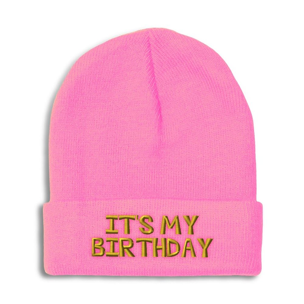 Beanies for Men It's My Birthday Gold Embroidery Skull Cap Winter Hats for Women Acrylic One Size Soft Pink Design Only