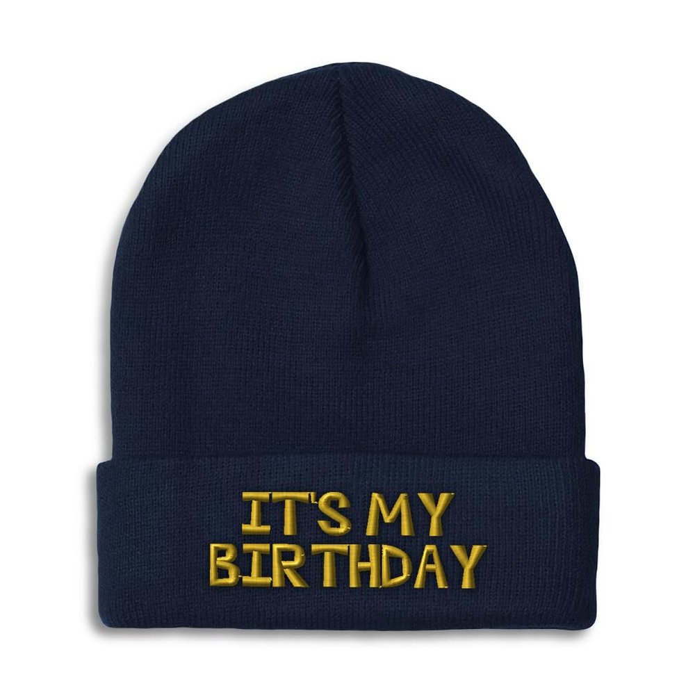 Speedy Pros Beanies for Men It's My Birthday Gold Embroidery Skull Cap Winter Hats for Women Acrylic One Size Navy Design Only