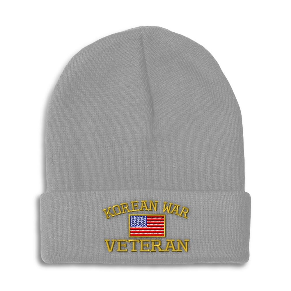 Speedy Pros Beanies for Men American Veteran Korean War A Embroidery Flags USA Winter Hats for Women Acrylic Skull Cap 1 Size Light Grey Design Only