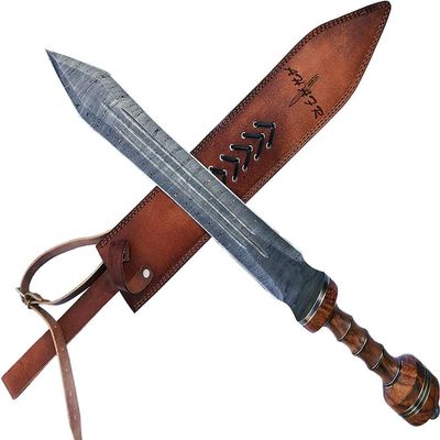 AHAFR Roman Gladius Sword 26" Handmade Damascus Steel Historical Roman Empire Gladiator Sword Rosewood Handle with Leather Sheath AH-0782-HK