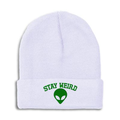 Speedy Pros Beanies for Men Alien Stay Weird Embroidery Skull Cap Winter Hats for Women Acrylic One Size White Design Only