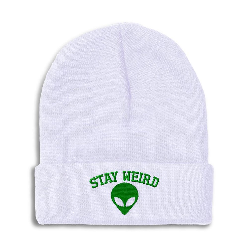 Speedy Pros Beanies for Men Alien Stay Weird Embroidery Skull Cap Winter Hats for Women Acrylic One Size White Design Only