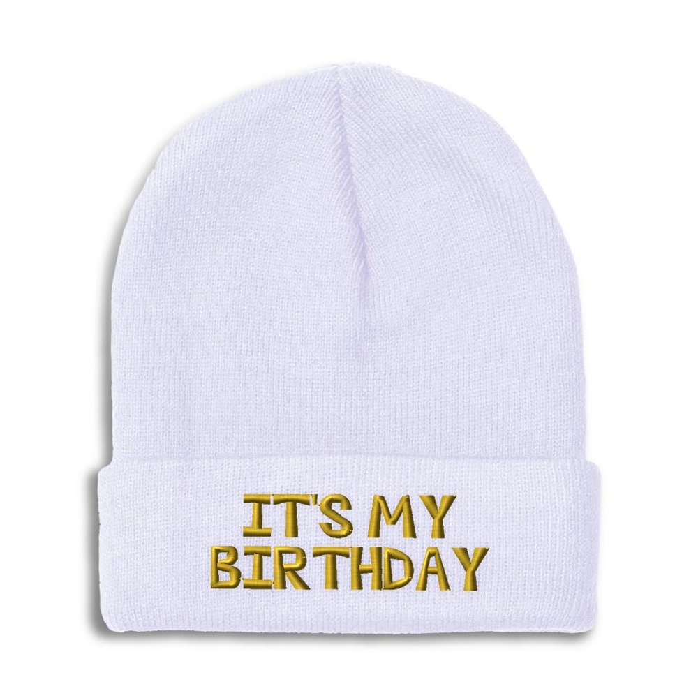 Speedy Pros Beanies for Men It's My Birthday Gold Embroidery Skull Cap Winter Hats for Women Acrylic One Size White Design Only