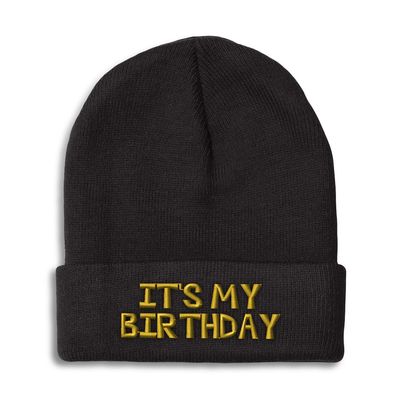 Speedy Pros Beanies for Men It's My Birthday Gold Embroidery Birthday Occasion Winter Hats for Women Acrylic Skull Cap 1 Size Black Design Only