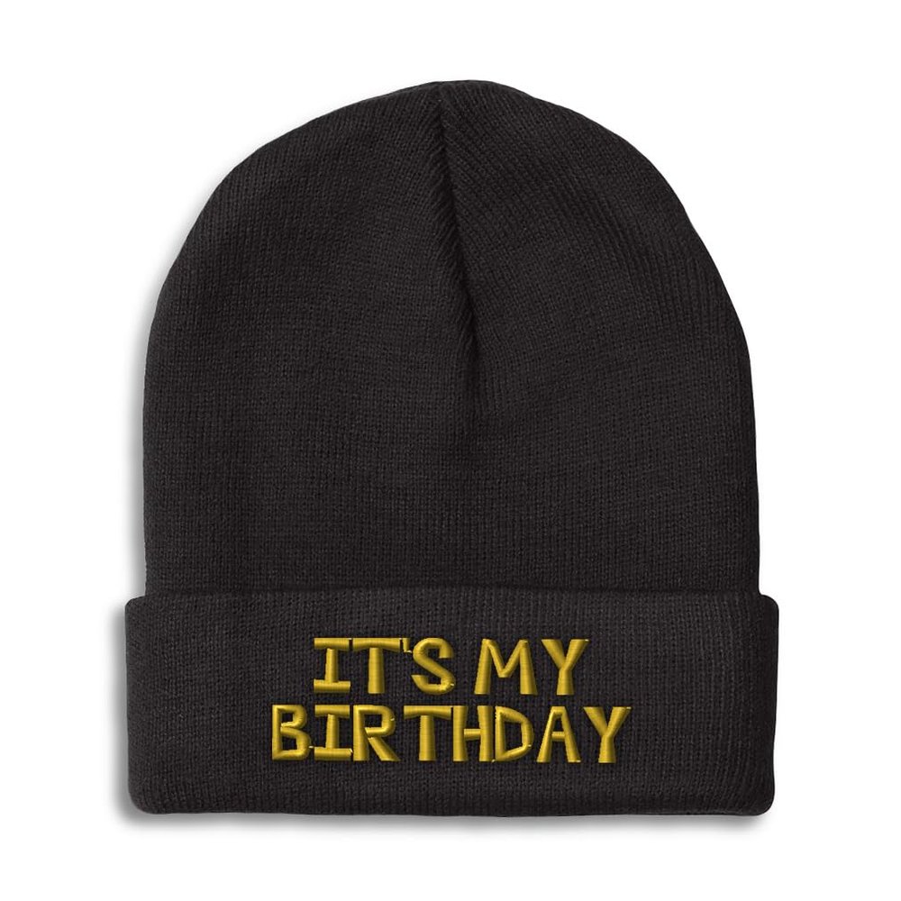 Speedy Pros Beanies for Men It's My Birthday Gold Embroidery Birthday Occasion Winter Hats for Women Acrylic Skull Cap 1 Size Black Design Only