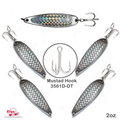 5pcs Fish WOW! 2oz Fishing Spoons Silver Tape Metal jig with 2/0 Mustad Treble Hook 3X Strong
