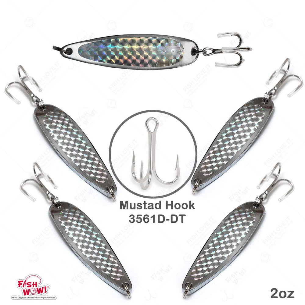 5pcs Fish WOW! 2oz Fishing Spoons Silver Tape Metal jig with 2/0 Mustad Treble Hook 3X Strong