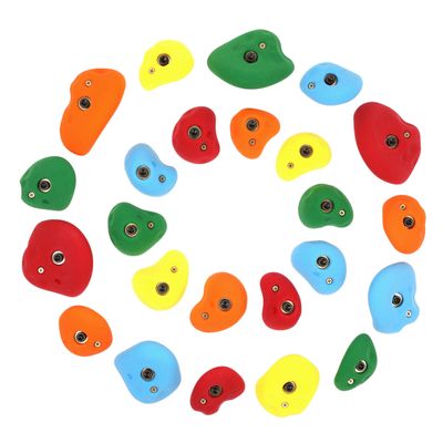 Atomik Rock Climbing Holds Set of 24 Golfus Style Tennis Shoe Friendly Footholds and Jugs with Indoor Rated Hardware in Assorted Bright Tones
