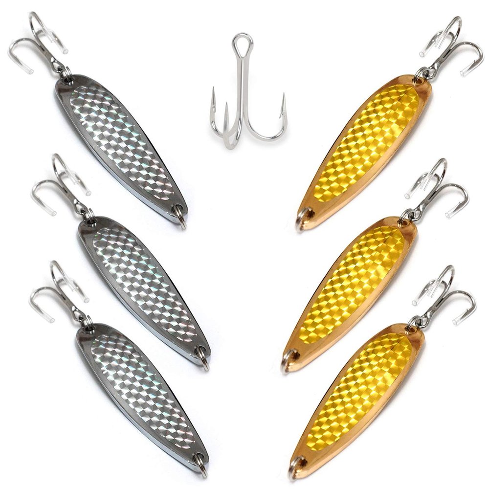 6pcs Fish WOW! 3oz Gold Silver Laser Tape Spoon jig Metal Chrome Fishing jigs with a 3X Strong Mustad Treble Hook 2/0