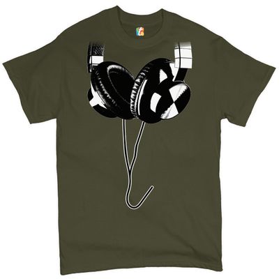 Huge Hanging Headphones T-Shirt DJ Music Tee Shirt Military Green Small