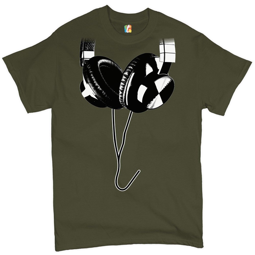 Huge Hanging Headphones T-Shirt DJ Music Tee Shirt Military Green Small