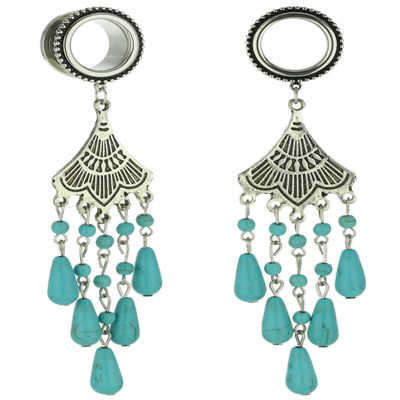 0G 8mm 316L Surgical Steel Turquoise Beads Tassel Dangle Ear Gauges Piercing Flesh Tunnels Plugs Statement Earrings