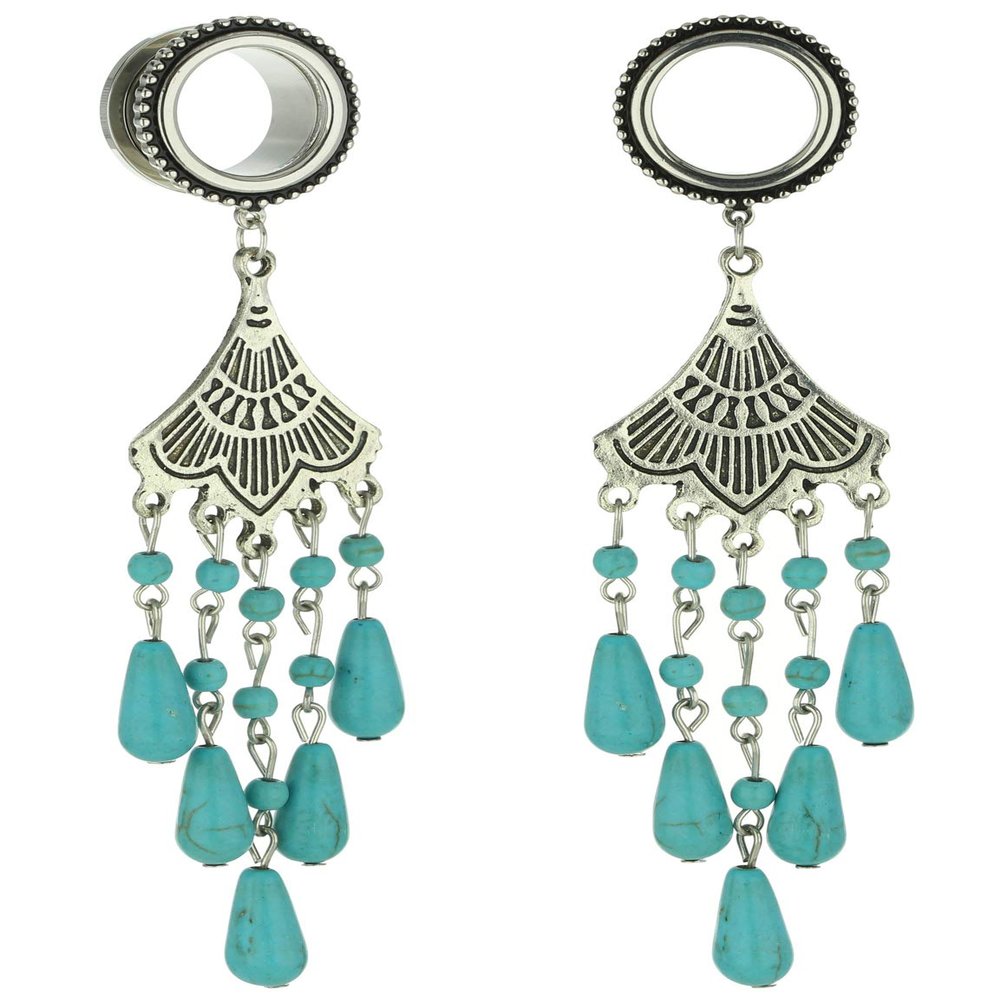 0G 8mm 316L Surgical Steel Turquoise Beads Tassel Dangle Ear Gauges Piercing Flesh Tunnels Plugs Statement Earrings