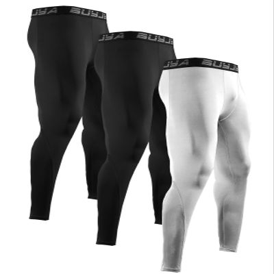 BUYJYA 3 or 5 Pack Men's Compression Pants Running Tights Workout Leggings Athletic Cool Dry Yoga Gym Clothes Gift Black-Black-White