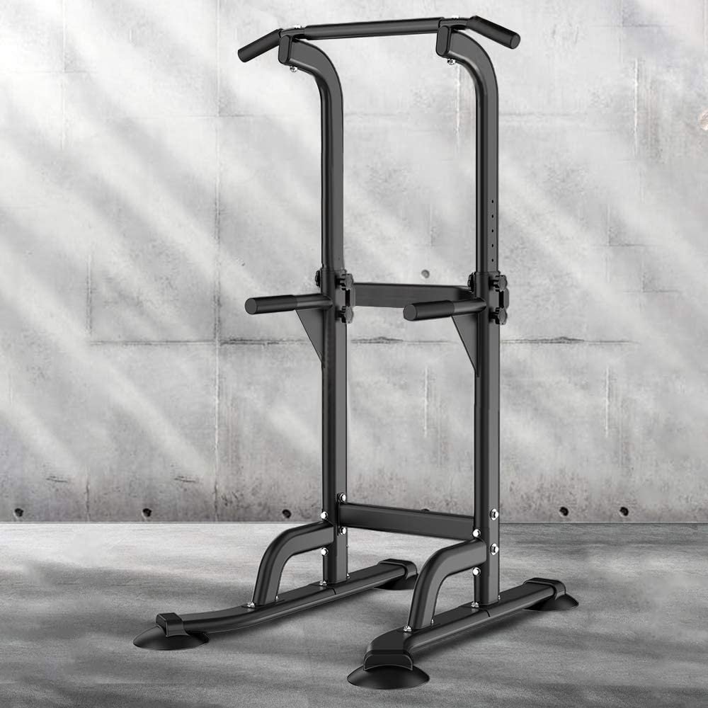 Dland Power Tower Pull Up Bar Dip Station and Height Adjustable Dip Bar Stand, Multi-Function Home Gym Exercise Equipment Strength Training Fitness Workout Station, Black