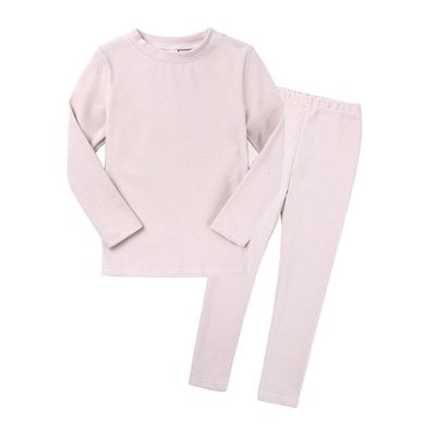 2Pcs Kids Boys Girls Cotton Pajamas Set, Toddler Solid Snug Fit Sleepwear Long Sleeve Tops + Elastic Pants Beige