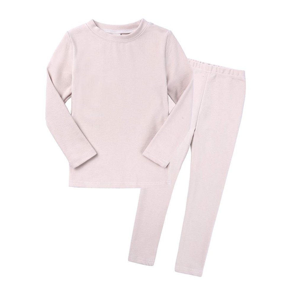 2Pcs Kids Boys Girls Cotton Pajamas Set, Toddler Solid Snug Fit Sleepwear Long Sleeve Tops + Elastic Pants Beige