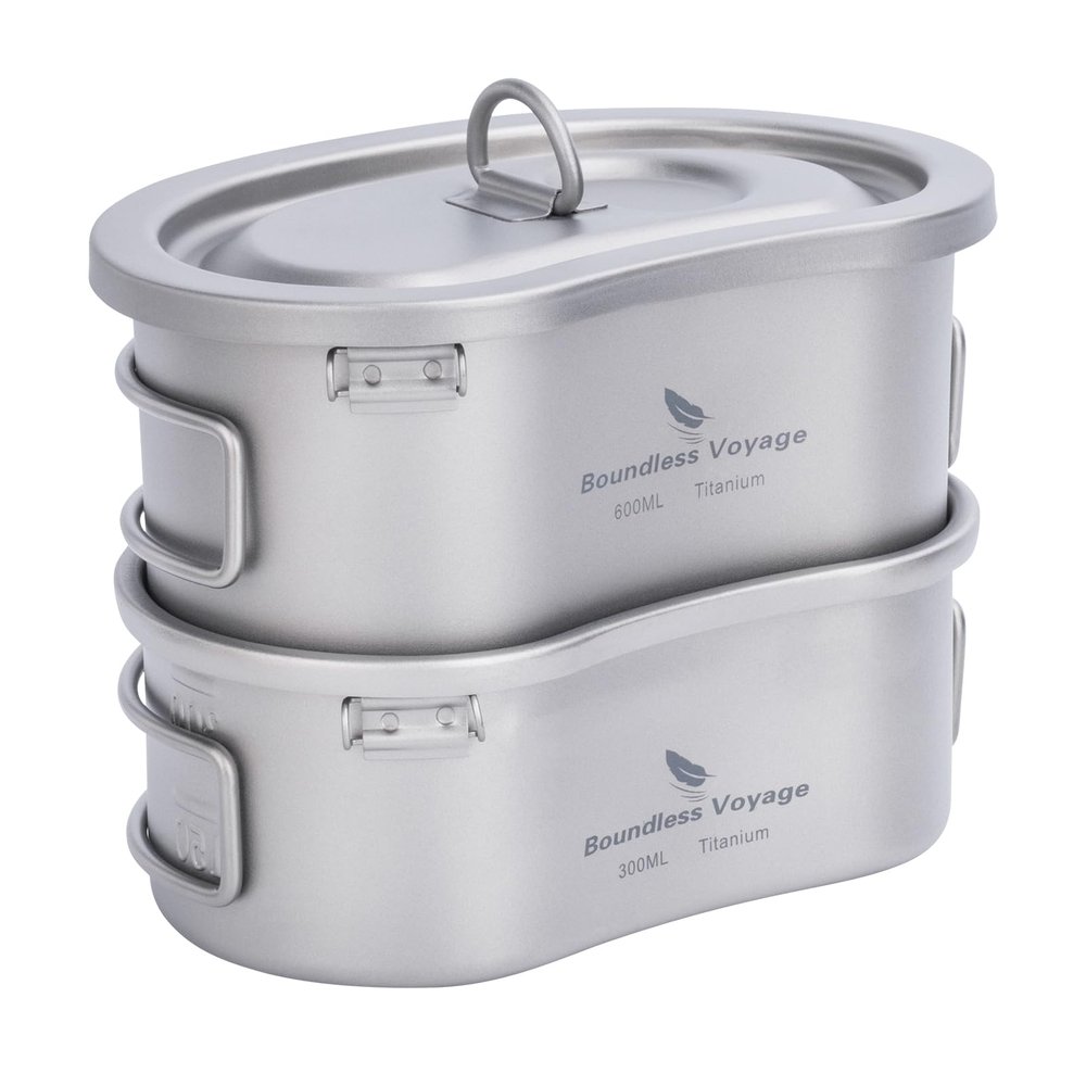 Boundless Voyage Titanium Canteen Mess Kit with Lid and Folding Handle Ultralight Portable Bowl Pot Cup Mug for Outdoor Camping Hiking Backpacking (Ti2046C (600ml+300ml))