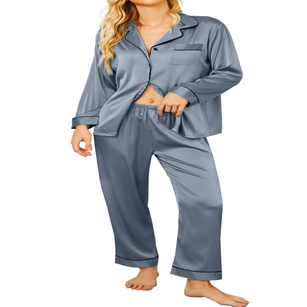 Ekouaer Silk Pajamas for Women Button Down Satin Pj Set Soft Long Sleeve 2 Piece Sleepwear Loungewear (Grey,XL)