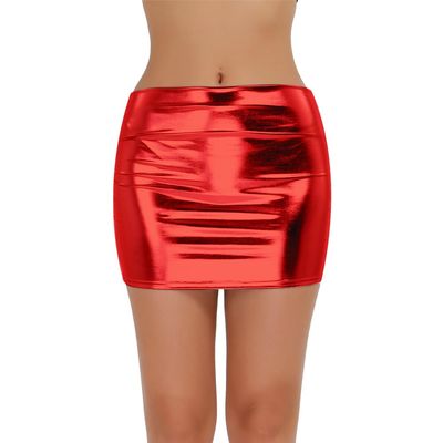 Yartina Women's Shiny Metallic Patent Leather Mini Pencil Skirt Nightout Wear Dance Party Clubwear Red One Size