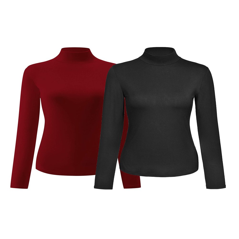 Kindcall Womens Slim Fitted Mock Turtleneck Tops Long Sleeve Lightweight Base Layer Shirts (Black Red, X-Small)