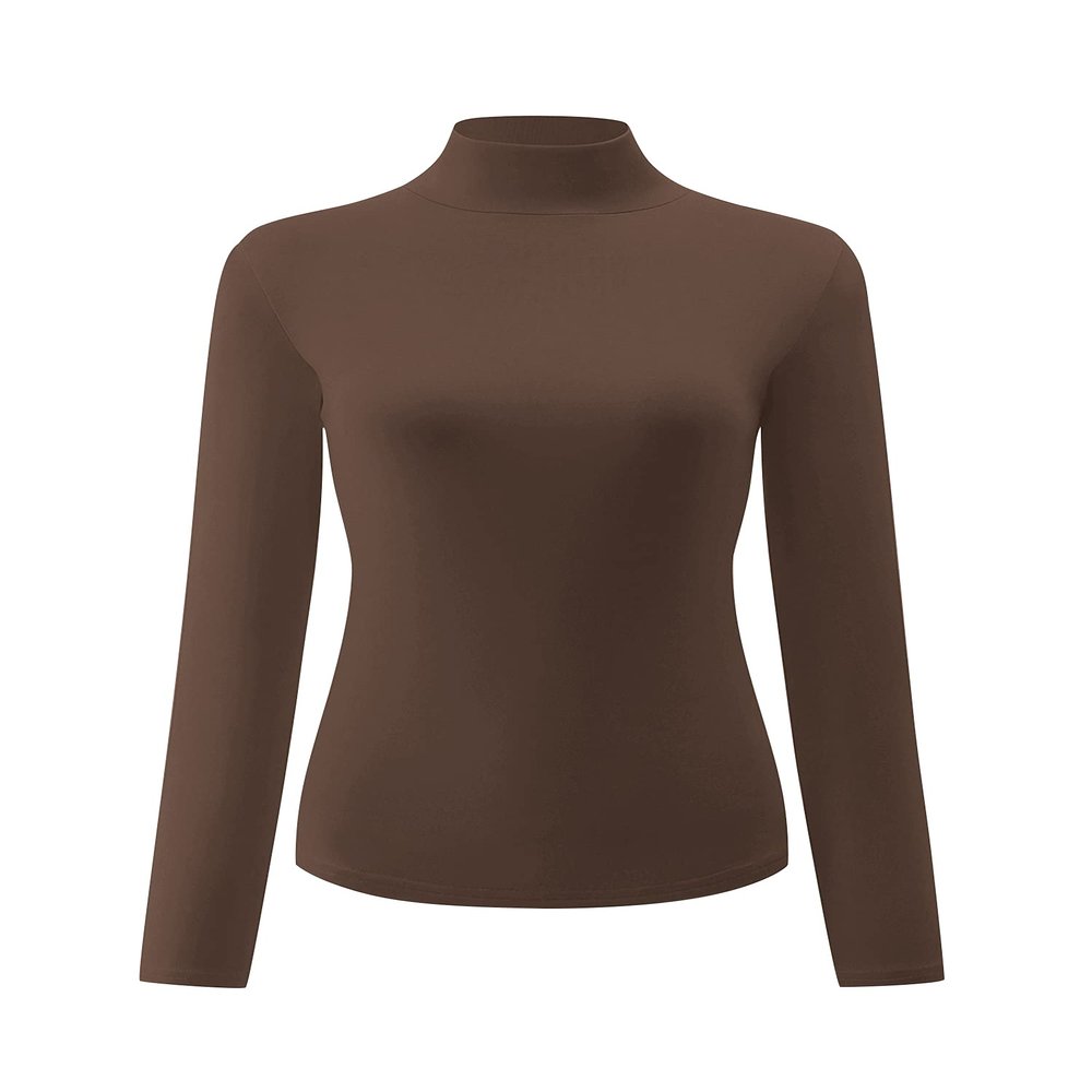 Kindcall Womens Slim Fitted Mock Turtleneck Tops Long Sleeve Lightweight Base Layer Shirts Coffee Large