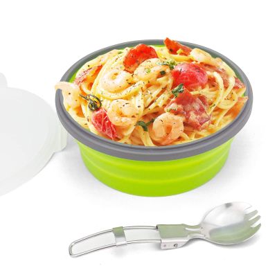 CCyanzi 1200ml Collapsible Camping Bowl Silicone Food Storage Container with Lid and Foldable Stainless Steel Fork Spoon, for Picnic, Travel, Camping, RV, Fridge and Microwave Bowls(Round, Green)