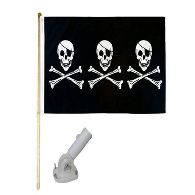 5' Wooden Flag Pole Kit W/Nylon White Bracket 3x5 Pirate 3 Skulls Poly Flag