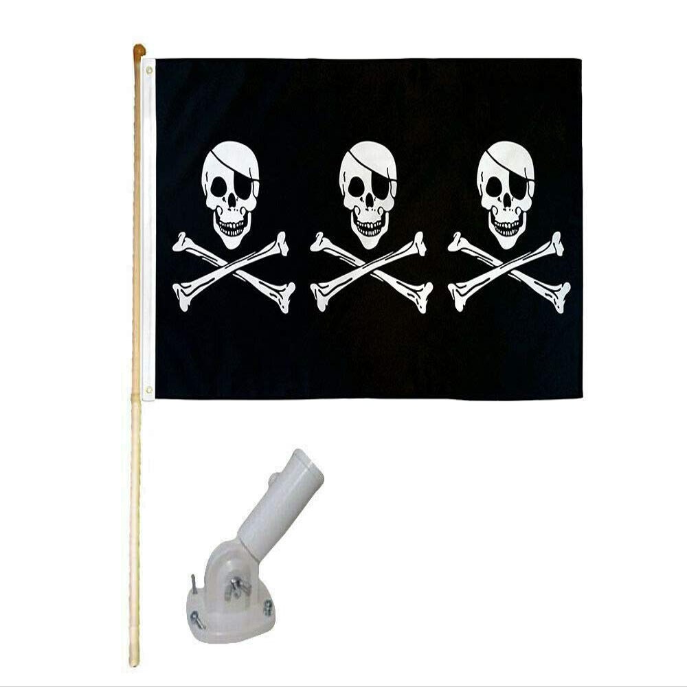 5' Wooden Flag Pole Kit W/Nylon White Bracket 3x5 Pirate 3 Skulls Poly Flag
