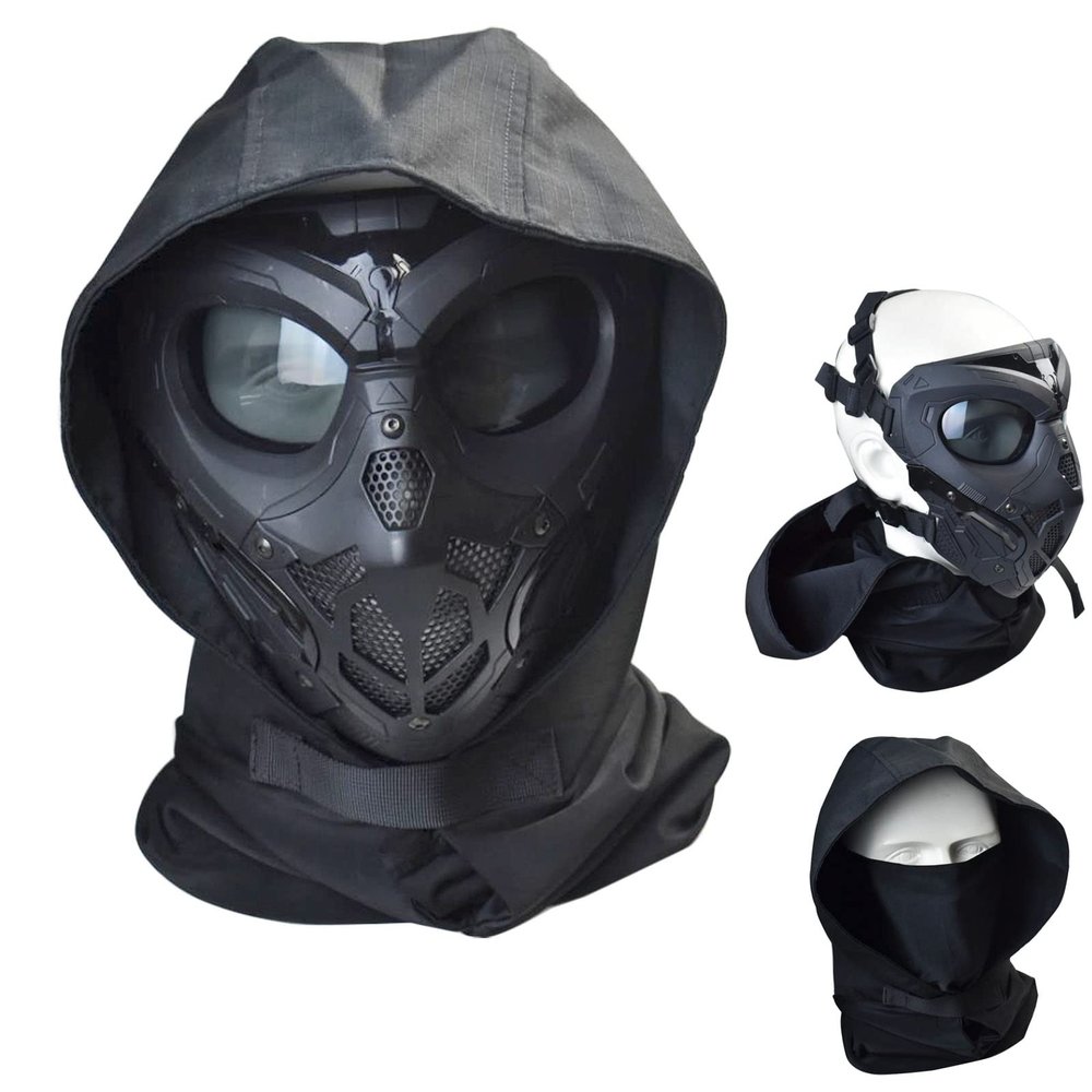 Tactical Airsoft Full Face Mask with Eye Protection for Helmet Apply to Paintball Cosplay Costume Party Hockey(QF Black Gray Lens)
