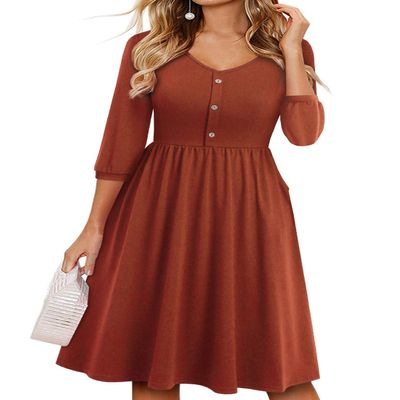 YATHON Fall Dresses for Women 3/4 Balloon Sleeve V Neck Button Down A-Line Casual Dress with Pockets (S, YT097-Brown)