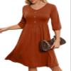 YATHON Fall Dresses for Women 3/4 Balloon Sleeve V Neck Button Down A-Line Casual Dress with Pockets (S, YT097-Brown) view 3