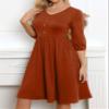 YATHON Fall Dresses for Women 3/4 Balloon Sleeve V Neck Button Down A-Line Casual Dress with Pockets (S, YT097-Brown) view 4