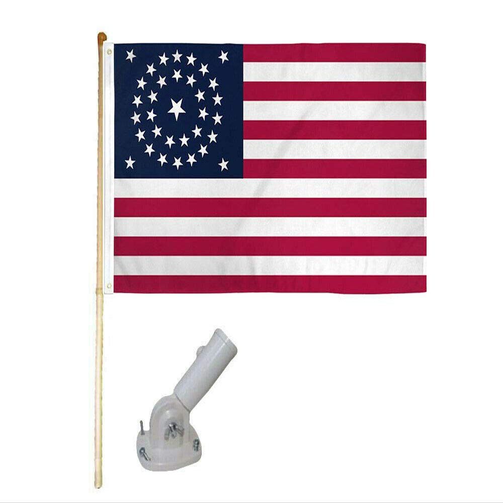 American Wholesale Superstore 5' Wooden Flag Pole Kit Nylon White Bracket & 34 Star USA Circular 3x5 Poly Flag