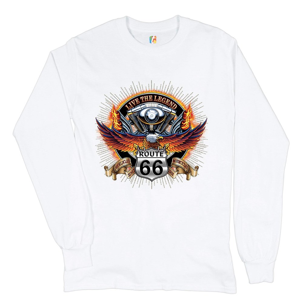 Tee Hunt Wordclass Motorcycles Long Sleeve T-Shirt Live The Legend Route 66 Biker White Small