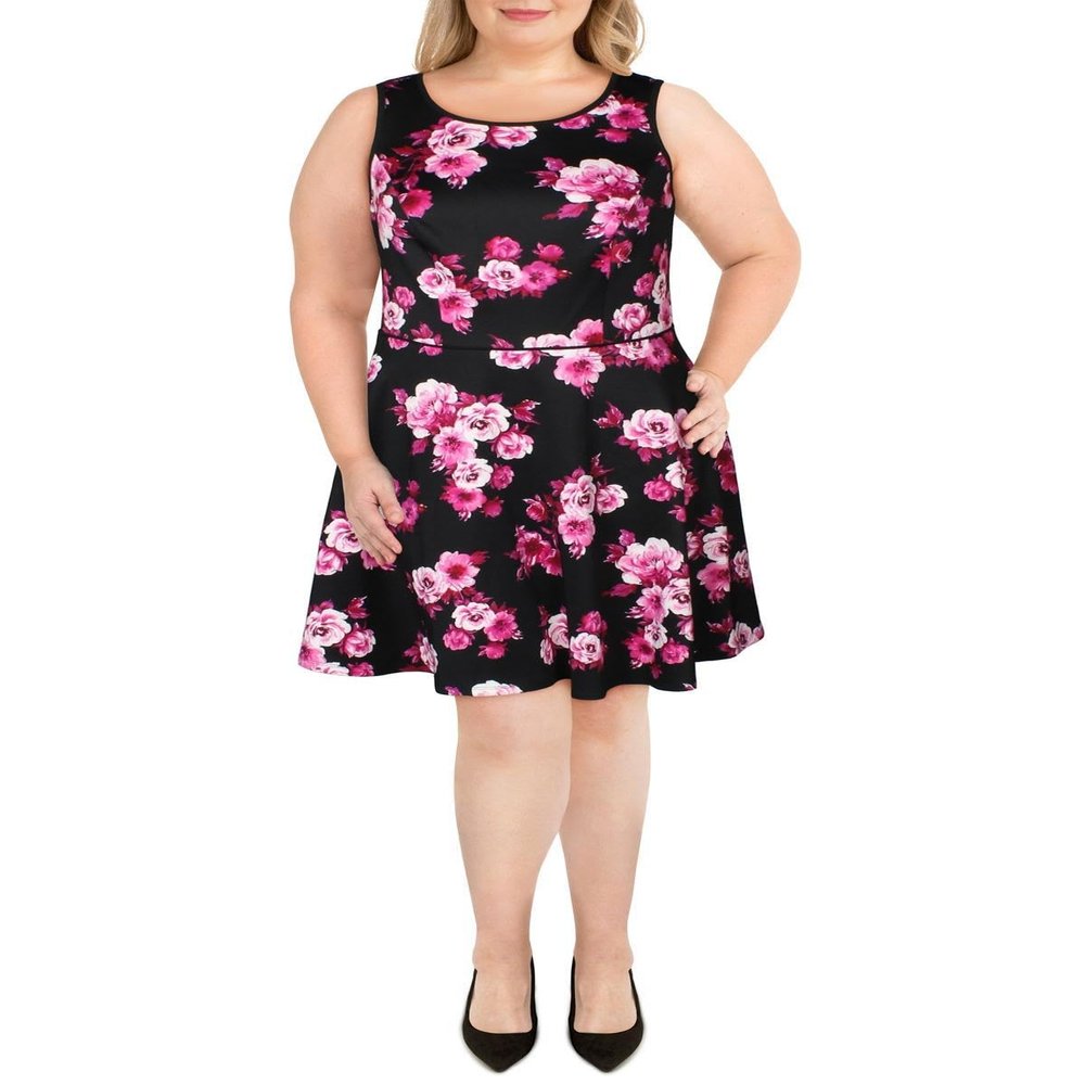 City Studio Womens Plus Floral A-Line Skater Dress Black 14W