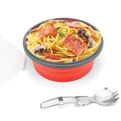 CCyanzi 1200ml Collapsible Camping Bowl Silicone Food Storage Container with Lid and Foldable Stainless Steel Fork Spoon, for Picnic, Travel, Camping, RV, Fridge and Microwave Bowls(Round, Red)