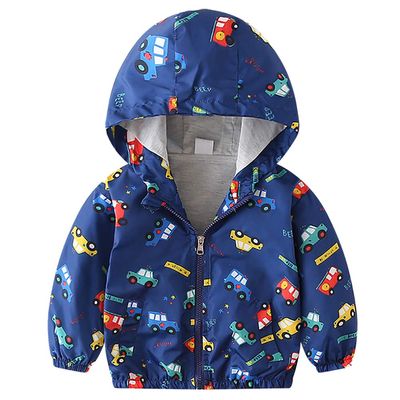 Toddler Kids Baby Boys Cartoon Car Print Hooded Jacket Windbreaker Trench Coat Elastic Long Sleeve Zipper Outdoor Windproof Outerwear with Pockets Autumn Winter Clothes Royal Blue Car 18-24 Months